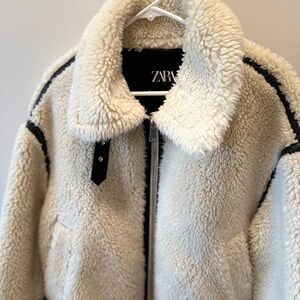 Zara Off-White Shearling Jacket with Black Trim